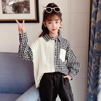 Coreeană Maneca Lunga Fete Adolescente Tricouri Mozaic Alb Negru Carouri Top Copii Copii Haine De Toamna Școală Tricou Pentru Fete 5-14 Ani