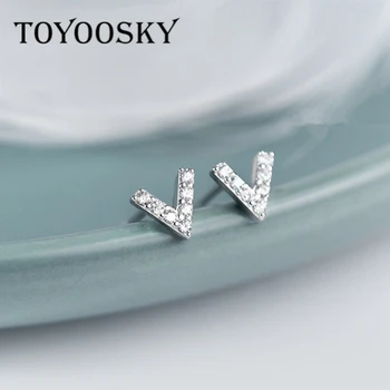 TOYOOSKY Micro Pave Stud Zircon Cercei Real Argint 925 Scrisoarea V Mini Earrrings Bijuterii Fine Pentru Femei Fata