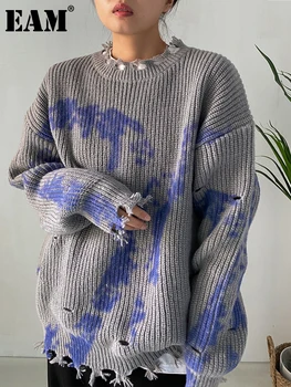 [MEM] Gri Dimensiuni Mari Tricotat Pulover Vrac se Potrivi Gât Rotund Maneca Lunga Femei Pulovere de Moda Noua de Toamna Iarna 2023 1DF1531