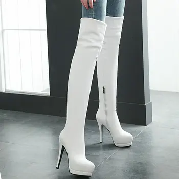 Moda Peste Genunchi Cizme Cizme de Iarna pentru Femei 13CM Tocuri inalte Cizme Lungi Rotund cu Fermoar Pantofi de Femeie Alb Negru