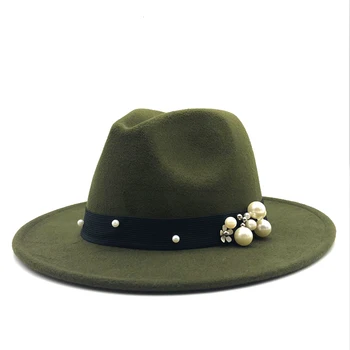 perle Margine Largă Fedora Bărbați Femei Vintage Jazz Pălării de Moda Stele Lână pălărie de fetru Unisex Negru Simțit Bowler Trilby fedora chapeu