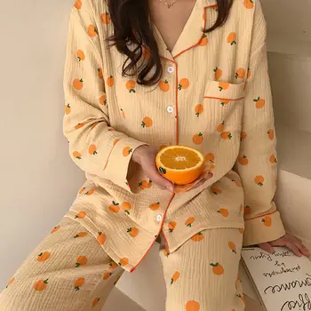 Kawaii Bumbac Acasă Costum coreeană Sleepwear Portocaliu Print Pijamale Femei Toamna Pijama Pijama cu Maneci Lungi Pantaloni 2Piece Set Pijamale