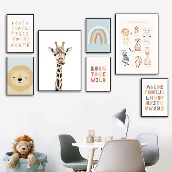 Leul Drăguț Curcubeu De Animale Safari Litere Girafa Nordic Poster De Perete De Arta De Imprimare Panza Pictura Decor Poze Camera Copii Copil