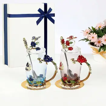 O ceasca de Sticlă Ceașcă de Ceai Email Destul de Cana de Cafea cu Capac Mâner Linguri de Floare Fluture Femei Cutie de Cadou