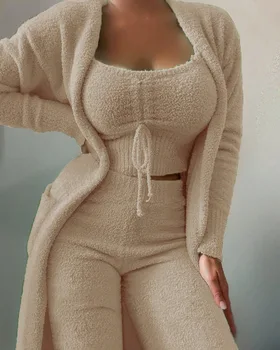 2023 Nou Toamna Iarna Femei Catifea Set de Pijama Crop Top+Pantaloni Lungi+Strat 3 Piese Costum Cald Fleece Moale Homewear Pijamale S-3XL