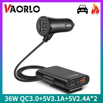 VAORLO 36W QC3.0 Masina Încărcător Rapid de Încărcare 4-Port USB 5V 3.1 a 5V2.4A*2 5.6 ft Cablu de Extensie de Pasageri Spate Masina Încărcător de Mașină HUB