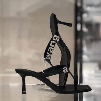 Negru Sexy Femei Papuci De Vara Flip Flops Cristal De Litere Decor Pantofi Cu Toc Femeie În Afara Diapozitive Square Toe Sandale